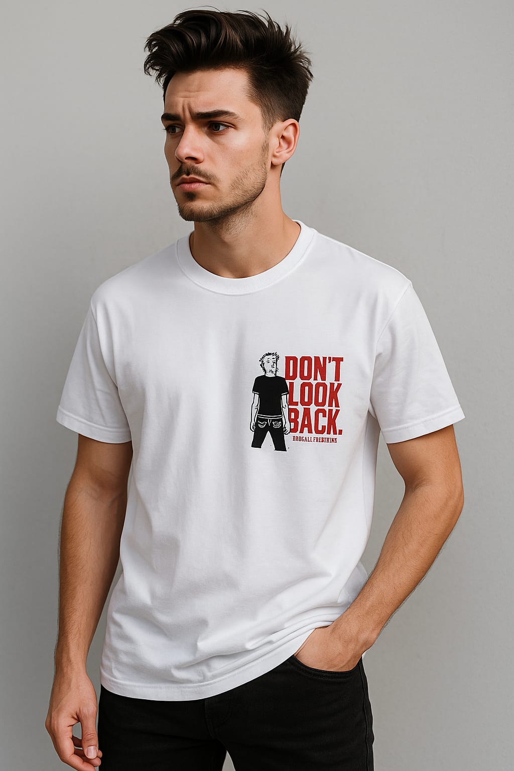 Men round neck cotton blend oversized white printed t shirt. - Image 2