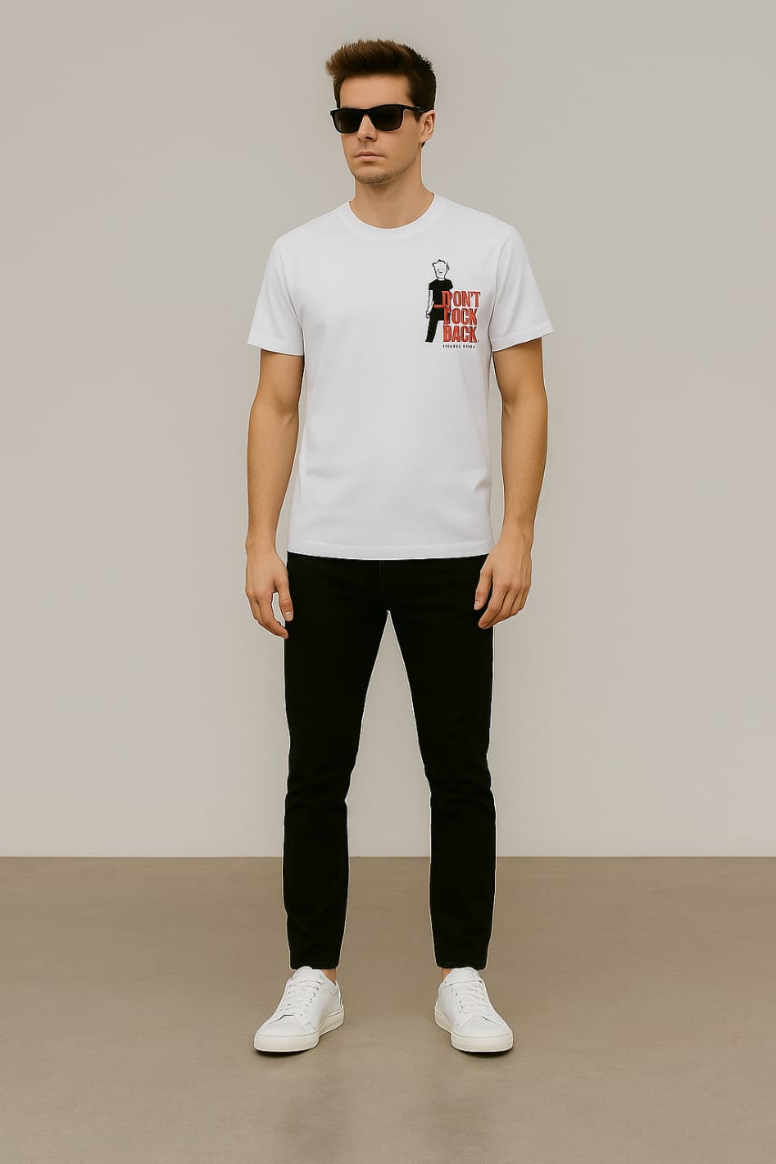 Men round neck cotton blend oversized white printed t shirt. - Image 3