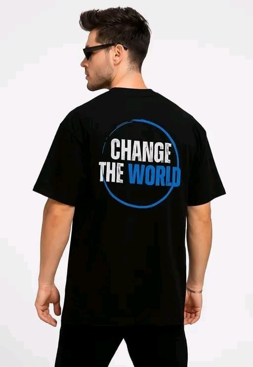 Men round neck oversized cotton blend DTF print black t shirt.