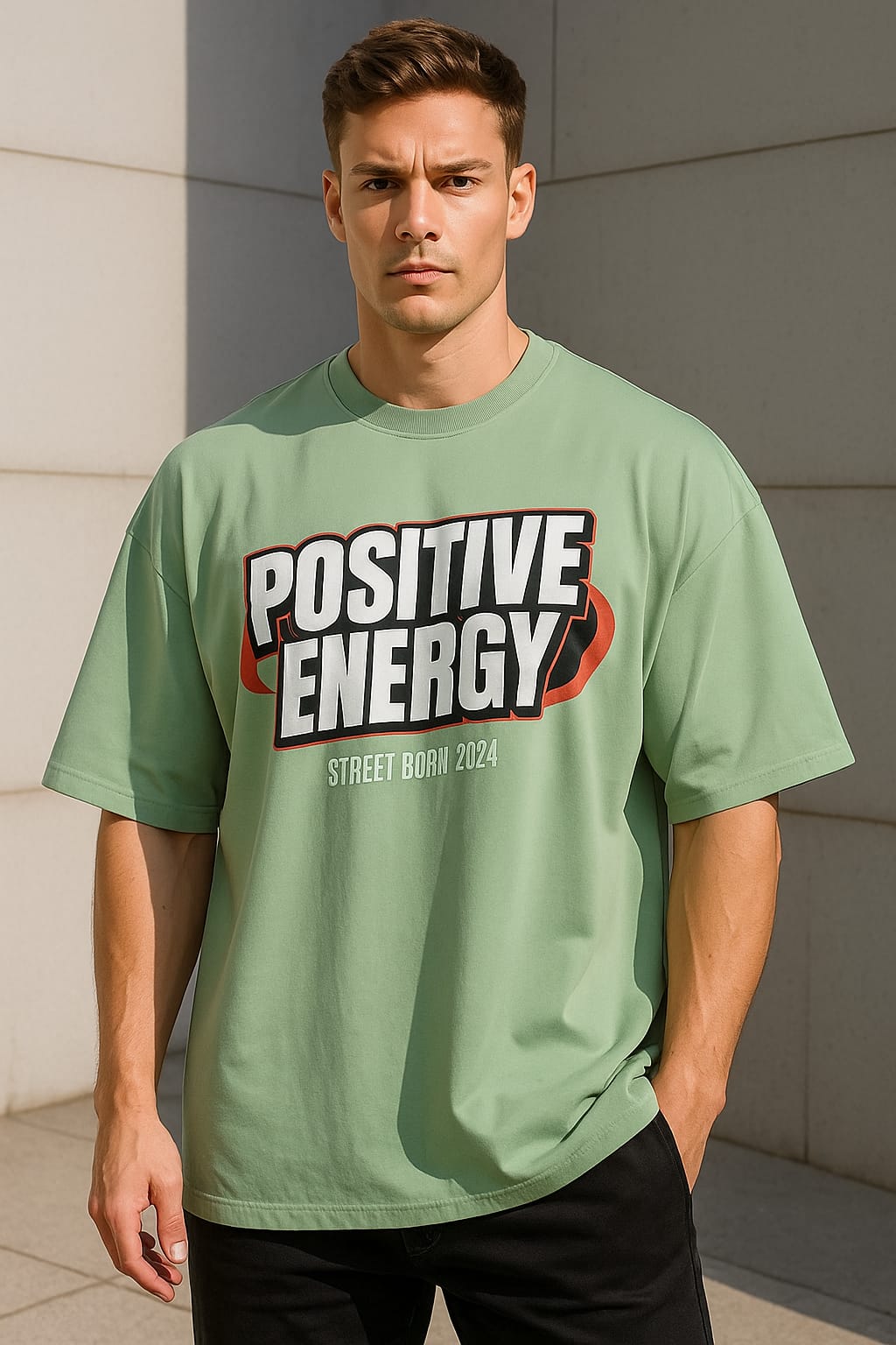 Men round neck oversized olive green printed t shirt.