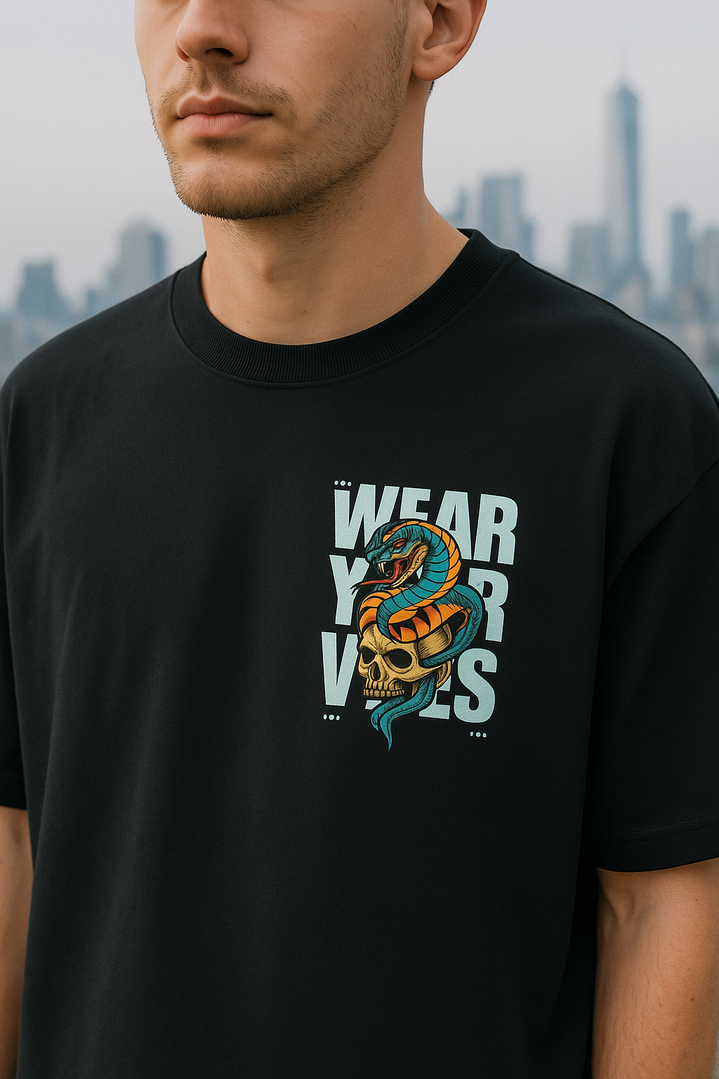 Men round neck oversized cotton blend black DTF printed t shirt. - Image 4