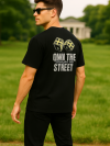 Men round neck oversized cotton blend DTF print black t shirt.