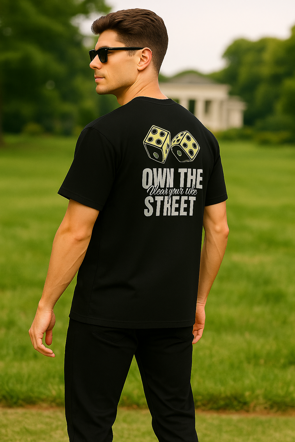 Men round neck oversized cotton blend DTF print black t shirt.