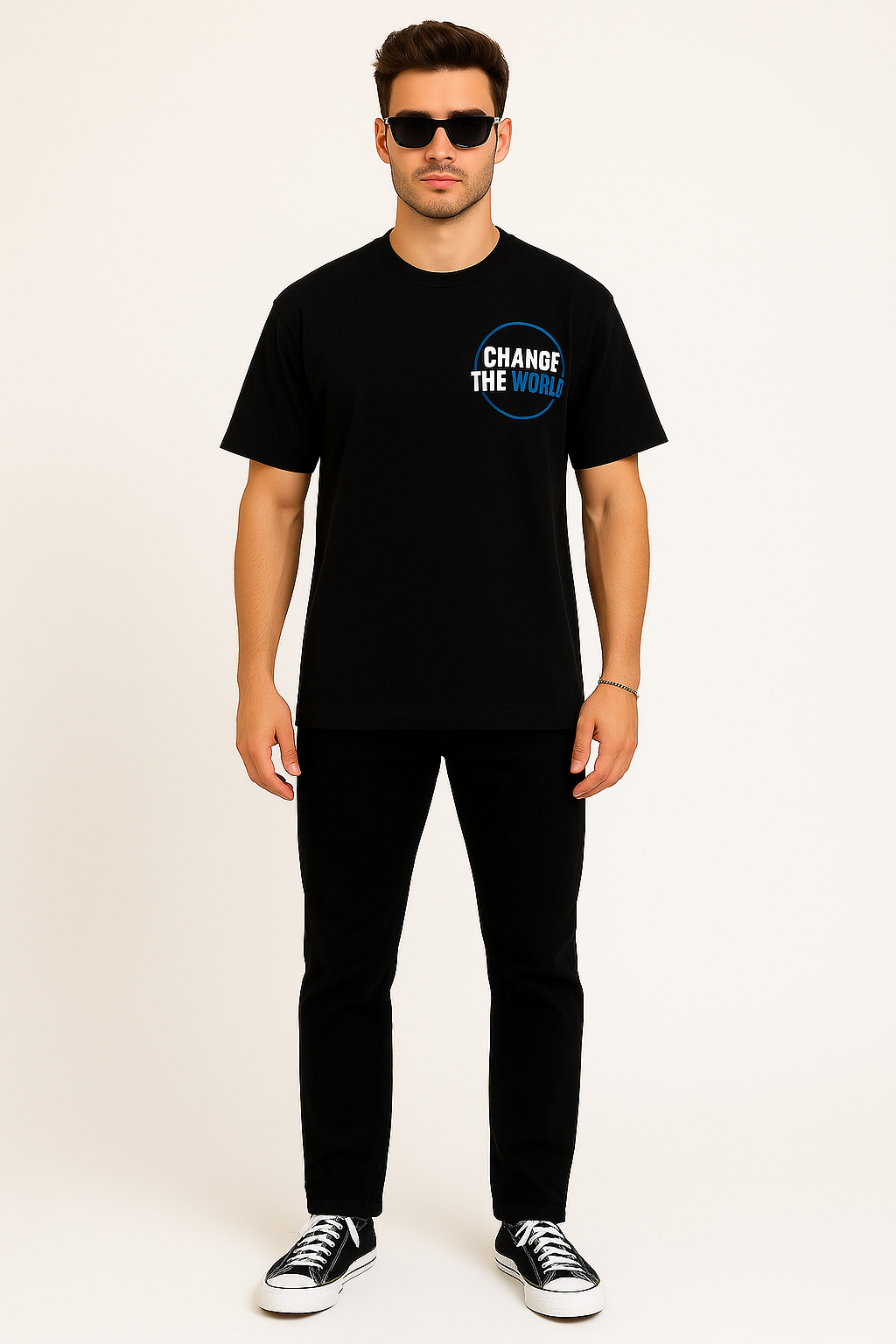 Men round neck oversized cotton blend DTF print black t shirt. - Image 5