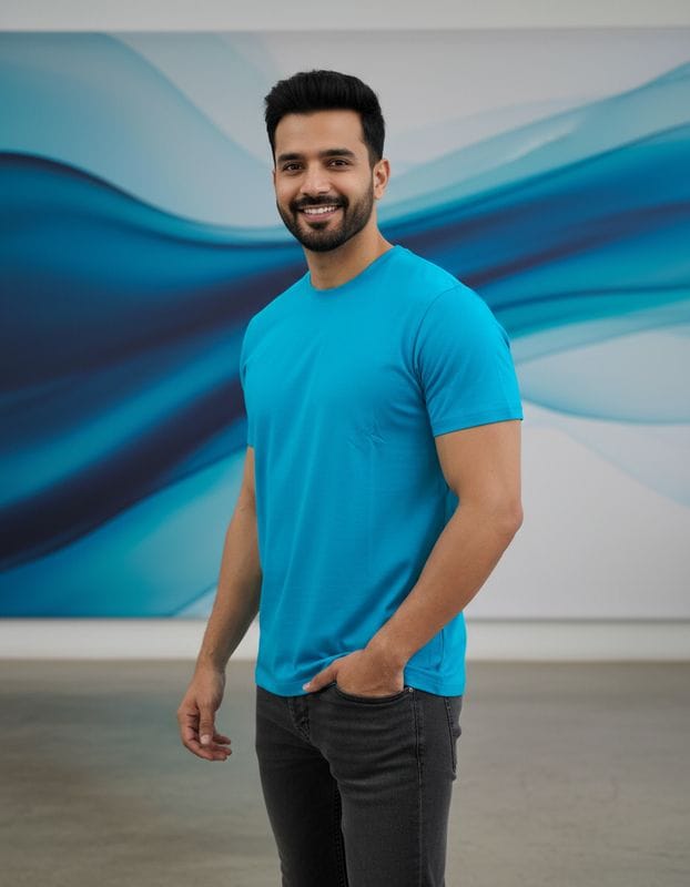 Mint Blue Solid colour 100% cotton Regular fit t-shirt - Image 2