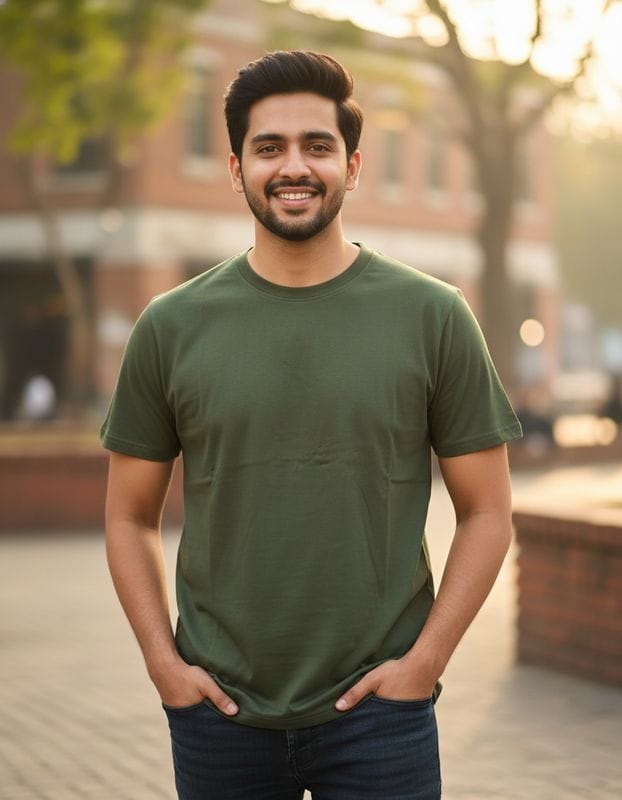 Olive Green solid colour 100% cotton regular fit t shirt. - Image 3