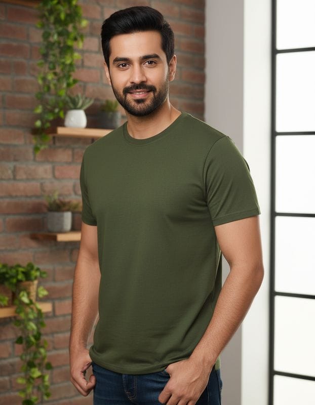 Olive Green solid colour 100% cotton regular fit t shirt. - Image 2